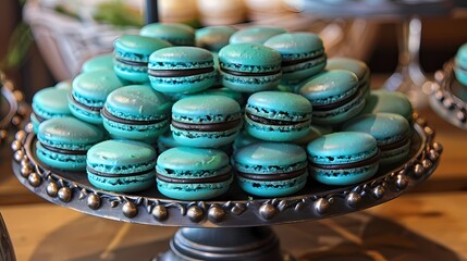 Teal-colored macarons arranged delicately on a dessert platter, tempting with sweet indulgence.