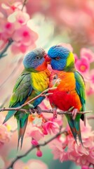 Obraz premium Two vividly colored parrots perched on a branch, amidst a background of soft pink blossoms. The birds, adorned in bright hues of blue, green, yellow, and red, appear to be sharing an intimate moment.