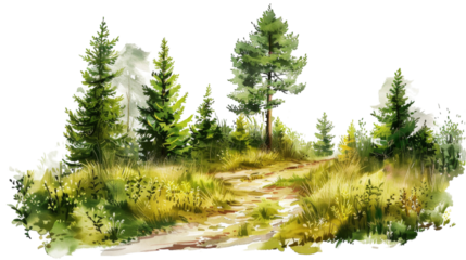 Watercolor painting depicting a path winding through a dense forest with vibrant green foliage and tall trees