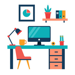 There is a desk with a computer and a chair placed on it