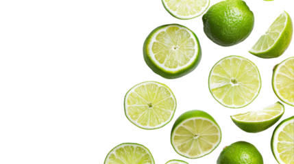 A collection of limes and lime slices arranged neatly on a plain white background