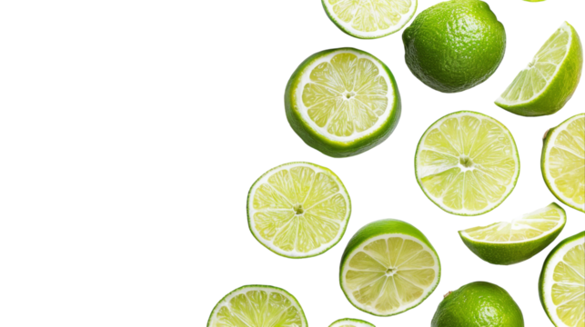 A collection of limes and lime slices arranged neatly on a plain white background