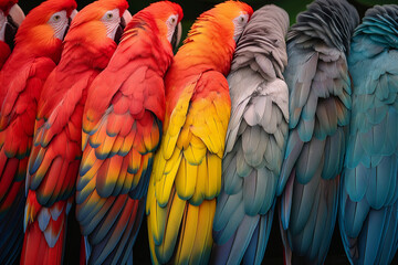 Obraz premium A colorful array of parrot feathers, each with vibrant hues and soft textures, arranged in a fan-like display.