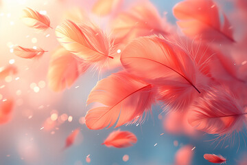 An ethereal, soft-focus image of floating feathers against a pastel background, evoking a sense of lightness and tranquility.