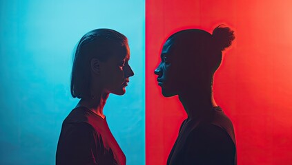 Silhouetted Profiles of Man and Woman in Red and Blue Light.