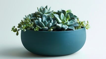 Teal-colored succulents arranged in a modern planter, blending nature with contemporary design.