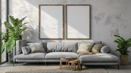Modern interior of a living room background with blank wooden frames on the wall