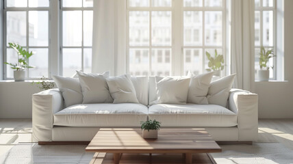 Fototapeta premium Modern living room interior with a white sofa and wooden coffee table near a window