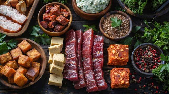 various plant-based meat alternatives like tempeh, seitan, and jackfruit displayed on a wooden table, representing the concept of meat substitutes