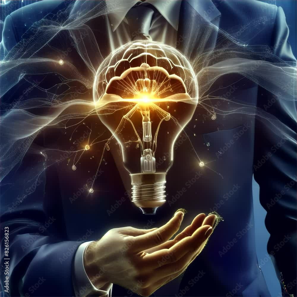 Poster captivating image of a businessman in a suit holding a glowing brain-shaped lightbulb, surrounded by