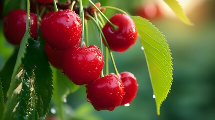Obraz premium Ripe Red Cherries Hanging from a Branch