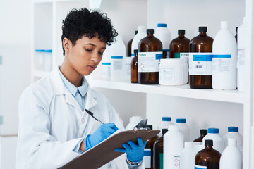 Woman, doctor and clipboard for research, stock take and pharmaceutical development for medicine....