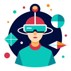 A man in VR headset surrounded by geometric shapes