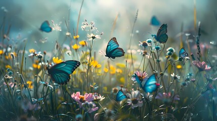Vibrant teal-colored butterflies fluttering amid wildflowers in a sunlit meadow.