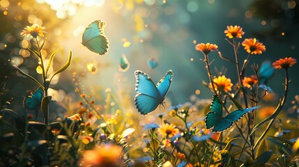 Vibrant teal-colored butterflies fluttering amid wildflowers in a sunlit meadow.