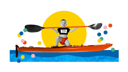 Happy smiling baby on canoe with paddle rowing on river on light background with colorful elements....