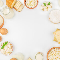 Set of different dairy products milk, sour cream, cottage cheese on a white background top view. copy space, yogurt and butter, eco lactose-free food