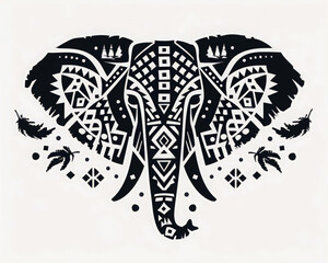 Black elephant head silhouette with graphic pattern. Wild africa animals themed tattoo design. Print for clothes. stylized shape silhouette elephant face logo.