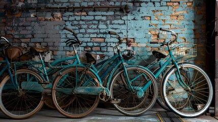 Vintage teal-colored bicycles lined up against a rustic brick wall, exuding nostalgic charm.