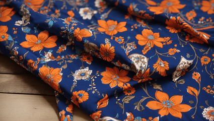 a dark blue fabric with an orange floral pattern.