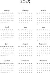 2025 yearly calendar template Monday start, 12 months simple minimalist vector planner in vertical portrait orientation
