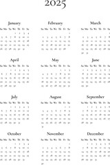 2025 yearly calendar template Sunday start, 12 months simple minimalist vector planner in vertical portrait orientation