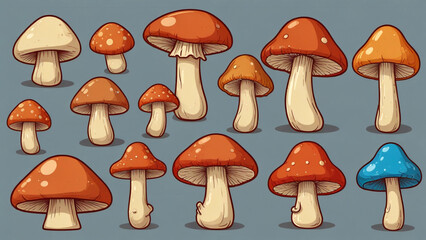 Collection of mushrooms. Vector outline illustration on a transparent background