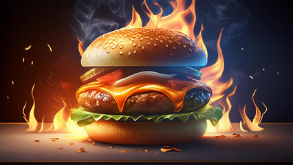 A delicious hamburger in flames.