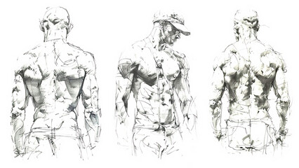 Fototapeta na wymiar A collection of sketches a man in 3 different anatomy poses and positions, illustration pencil drawing set 