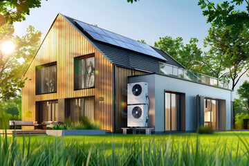 A stylish modern home with a wooden facade, solar panels on the roof, and a heat pump system, surrounded by lush greenery. Perfect for sustainable and eco-friendly living