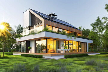 Eco-Friendly Modern Home with Solar Panels. Contemporary eco-friendly home featuring rooftop solar panels, large windows, and a lush green lawn illuminated by natural sunlight.