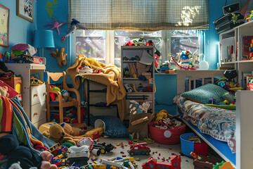 Fototapeta premium Teenager's bedroom with clothes, toys and cds thrown around for Pandemonium Day 14th July