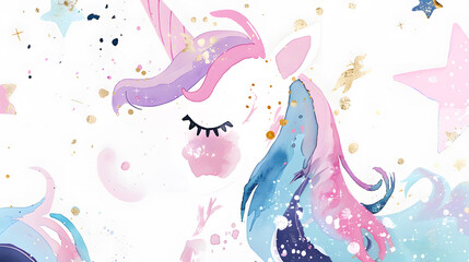 Cute fairy unicorn watercolor drawing cartoon illustration isolated on white background