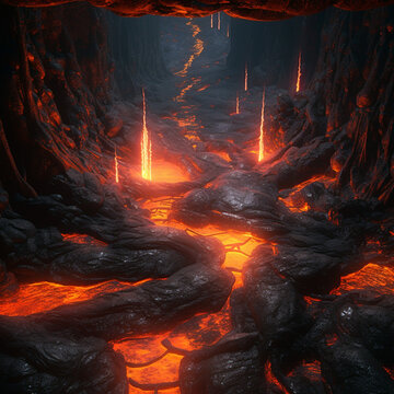 Lava illustration. Molten rock from a volcano. Flows down the mountainside, glowing hotly the power of nature.