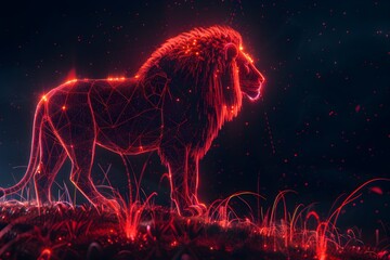 A lion is standing on a grassy hill with a red glow surrounding it. The image has a surreal and dreamlike quality, with the lion appearing to be made of pixels or a digital creation