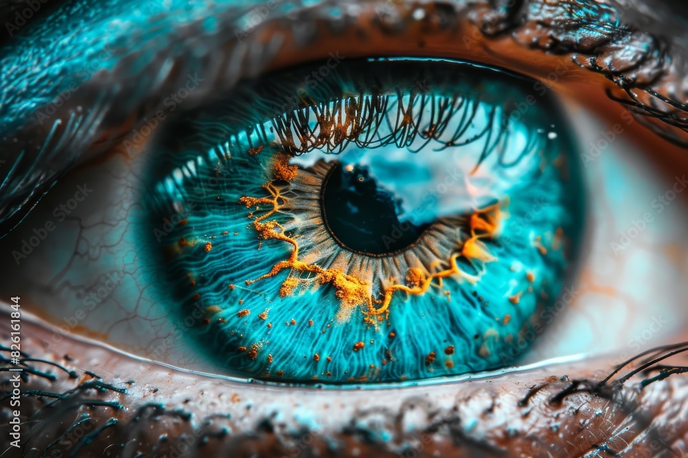 Poster macro shot of an eye with turquoise and gold iris patterns, surrounded by textured skin, highlightin