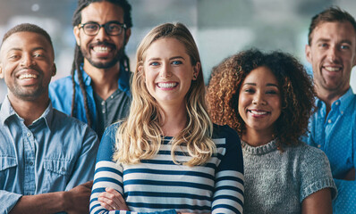 Obraz premium Group, people and diversity in portrait at startup with smile, support and creativity in modern office. Women, men and team building with solidarity at media agency for collaboration in workplace