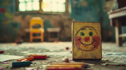 An old, abandoned room with a child's drawing book featuring a smiling face, surrounded by colorful crayons on the floor.