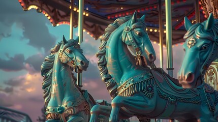 Whimsical teal-colored carousel horses against a twilight sky, evoking childhood dreams.