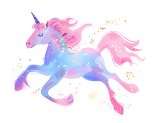 Pink and blue pastel colors unicorn silhouette riding watercolor cartoon illustration isolated on white background