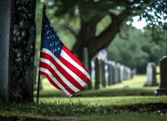 A flag of the United States was placed in front of a row of gravestones, Memorial Day