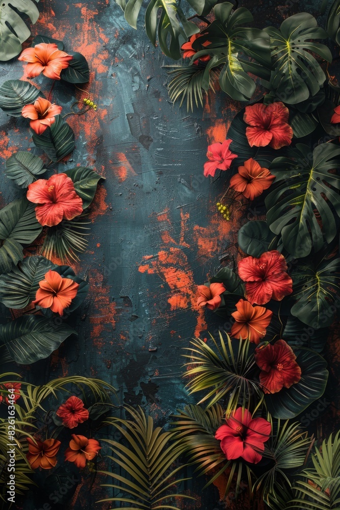 Poster tropical grunge pattern, a unique blend of tropical elements and grunge textures forms a visually st
