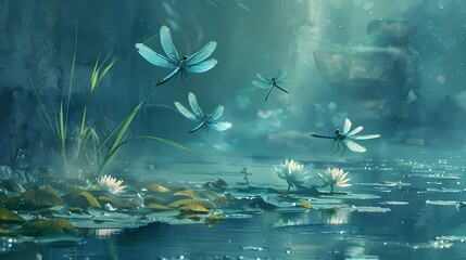 Whimsical teal-colored dragonflies darting gracefully above a tranquil pond.