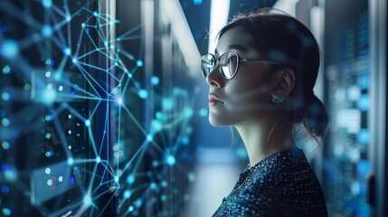 Female IT engineer working in a modern data center with futuristic holographic graphics and digital connections around her.