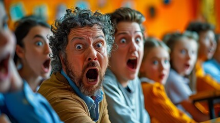 Obraz premium Group of adults and children showing surprised expressions in a bright room with colorful surroundings. Shocked faces highlight collective emotion.