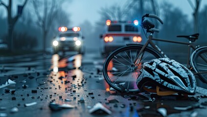 Bike Accident Scene with Helmet and Debris.