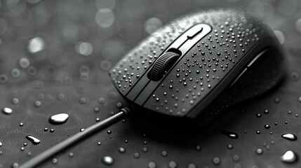 A close up of a computer mouse on a black surface 