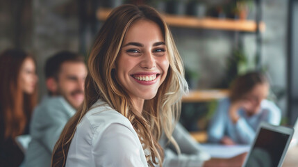 Professional female business leader with laptop smiling during office meeting