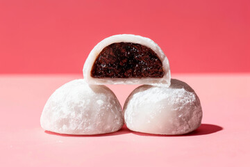 Three sweet red bean mochi arranged on pink surface in daylight