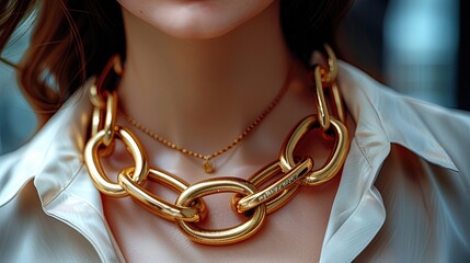 A close-up of a woman wearing a gold chain necklace. 